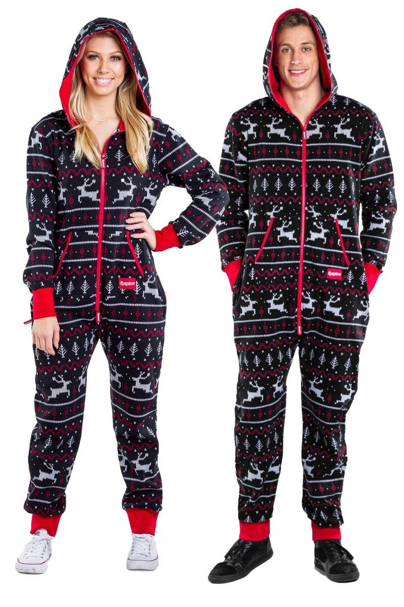 Tipsy Elves Christmas Onesies for Adults - Comfy Unisex Matching Holiday Jumpsuits with Convenient Pockets - Cozy Black Fair Isle Christmas Jumpsuit Size Small - Image 1